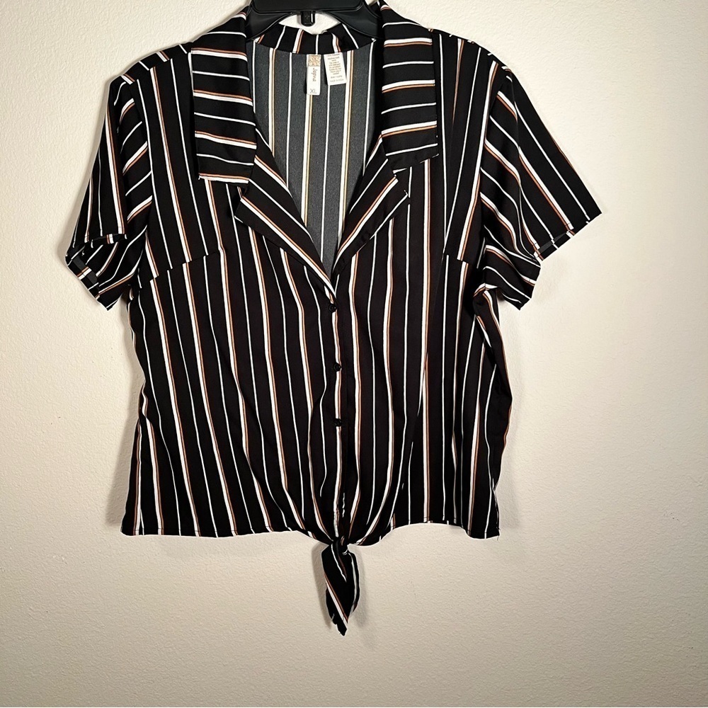 Japna Black White Tan Stripe Button Down Short Sleeve Blouse - Picture 4 of 9